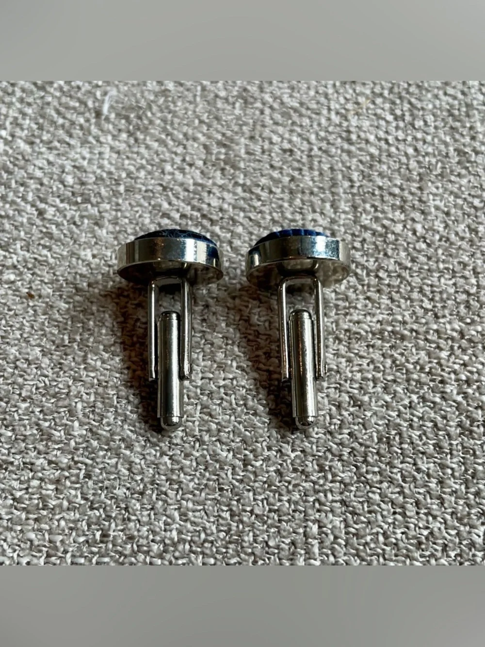Silvertone Navy Blue Fabric Round Cuff Links Men’s Professional Wedding Work